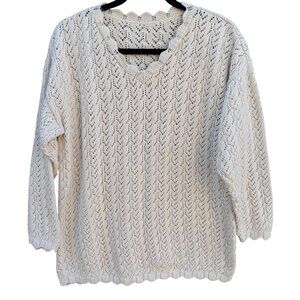 Vintage Handmade Pointelle Knit Cottagecore Coastal Scalloped Boho Sweater L